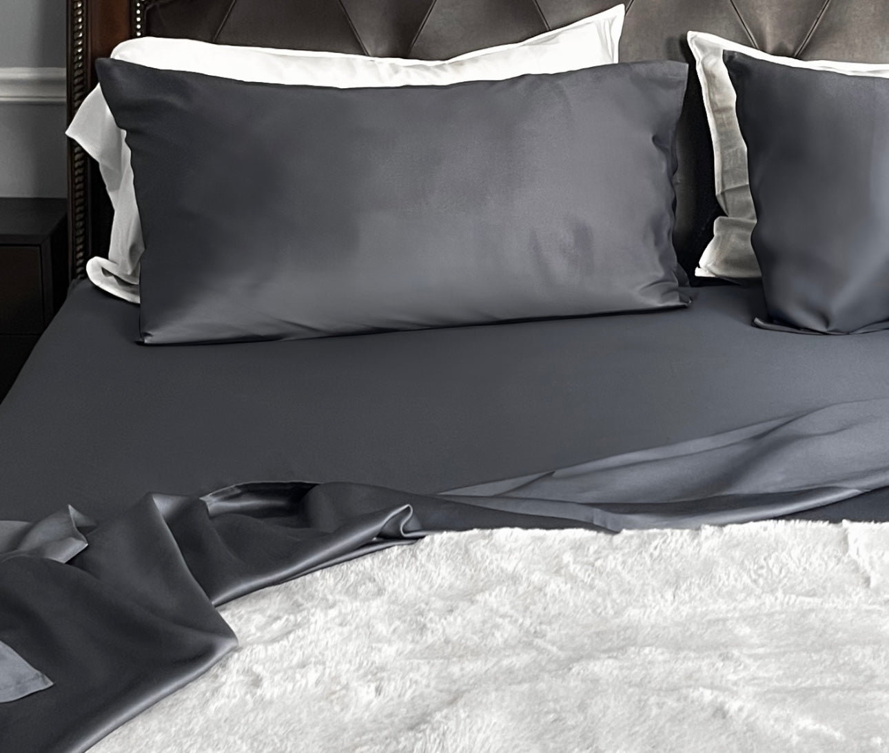 Storm Gray bamboo viscose pillowcases and flat sheet — smooth finish and modern luxury, Innocent Allure Enterprises.